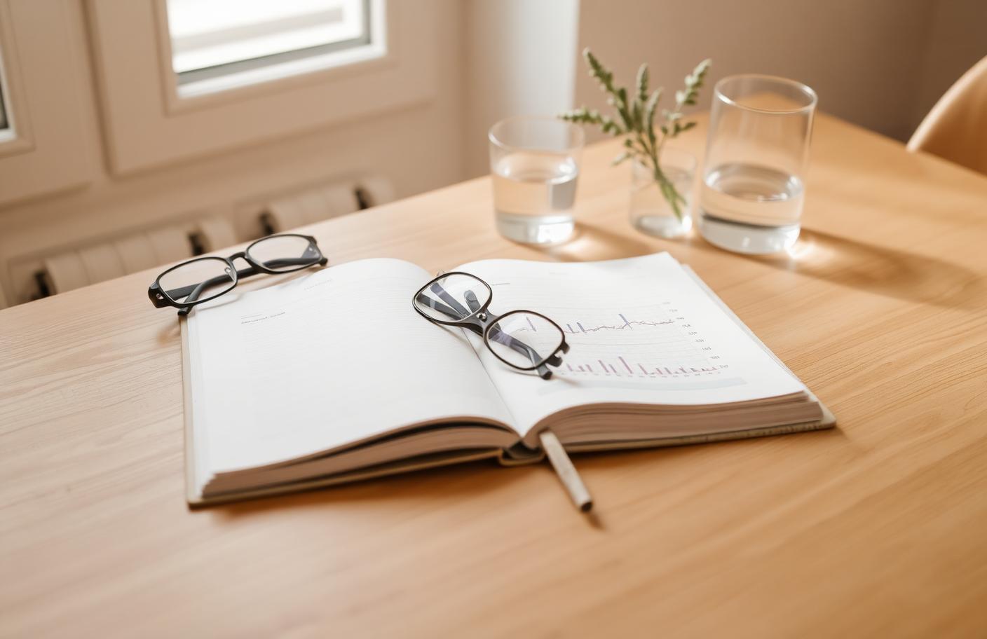 Tafel met rapporten, notities en een takje salie