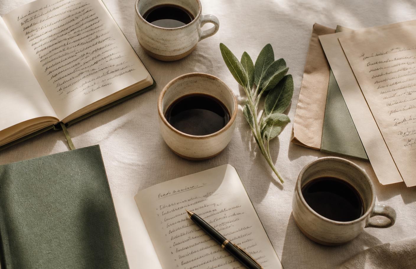 Vergadertafel met koffie, notitieboeken en een takje salie